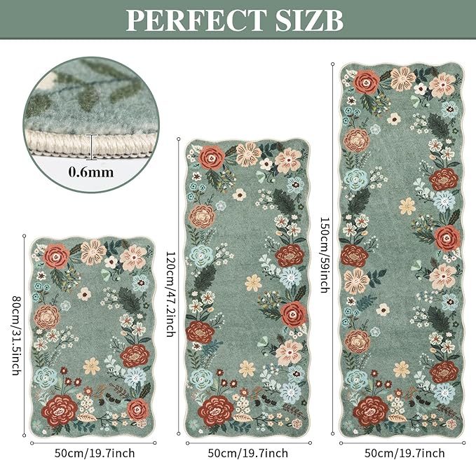 Homcomoda Floral Kitchen Rugs Mats for Floor 3PC, Farmhouse Non Slip Kitchen Rug Runner, Washable Non Skid Kitchen Rugs, Comfort Standing Mat for Laundry, Desk, Bar, Office
