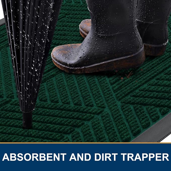 Smiry Front Door Mat Outside Entrance, Heavy Duty Sturdy Natural Rubber Doormat, Trap Dirt and Moisture, Easy Clean Low Profile Mats for Indoor Outdoor Entry, Irregular Triangle (47x32, Deep Green)