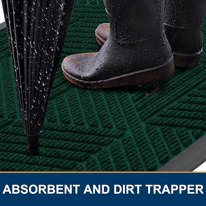 Smiry Front Door Mat Outside Entrance, Heavy Duty Sturdy Natural Rubber Doormat, Trap Dirt and Moisture, Easy Clean Low Profile Welcome Floor Mats for Indoor Outdoor Entry, 35X23 Inch, Deep Green