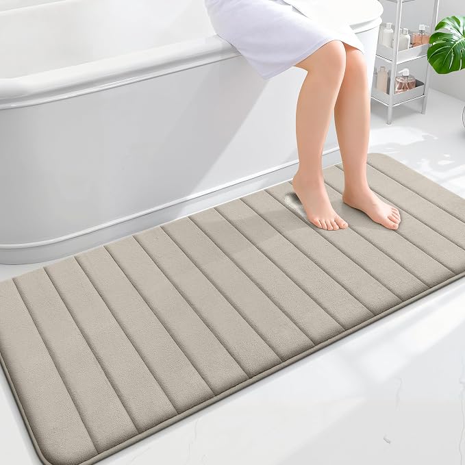 OLANLY Memory Foam Long Bathroom Rugs Runner 59x24, Super Soft Absorbent Bath Mat, Quick Dry, Machine Washable Shower Floor Rugs, Bathmat Carpet, Bathroom Home Decor Accessories, Warm Taupe