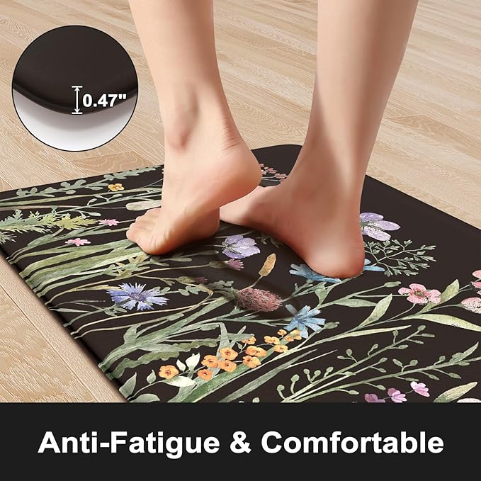 KIMODE Anti Fatigue Kitchen Mats for Floor 2 Piece, Cushioned Farmhouse Kitchen Rugs, Non Slip Kitchen Floor Mats, Comfort Foam Standing Desk Mats for Laundry Office Sink Black 20"x47"+20"x32"