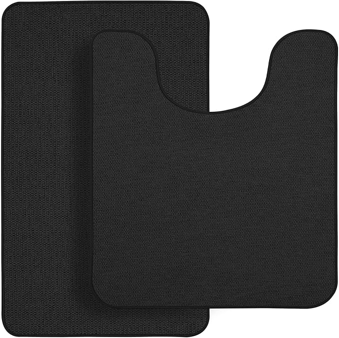 Bosap Bathroom Rugs Set 2 Pieces,Thin Bathroom Mats,Toilet Rugs,Quick Dry,Non-Slip,Machine Washable,Low Pile,Absorbent Bath Mats,Shower,Sink,Home Decor Accessories.Black,1'5"x2'3"+1'8"x2" U Shape