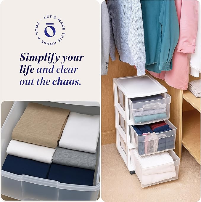 HOMZ 2-Pack Drawer Tower, 3-Tier Clear Plastic Storage Organizer Cart, White Frame - Organizing Containers with Wheels for Home, Bathroom, Bedroom, Office, and Classroom