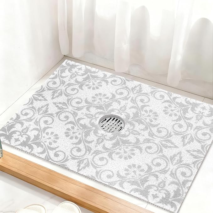 Square Shower Mat Non Slip: 32 x 24 Inch Extra Large Shower Mats with Drain Hole in Middle - PVC Loofah Anti Slip Shower Floor Matt for Inside Shower