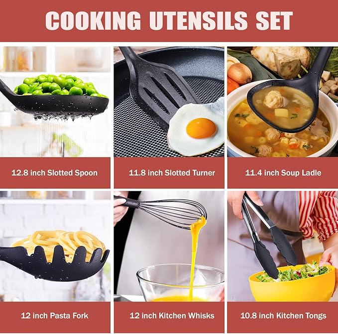 RAXCO Kitchen Utensils Set,18-Piece Cooking Utensils and Knife Set,Black | Food-grade Silicone Heat-safe to 410°F, Detachable Stainless Steel Holder, 5 Kitchen Knives and Cutting Board All-in-one