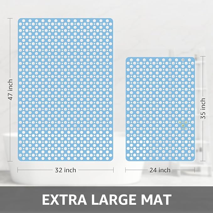 Yolife Large Shower Mat, 47" x 32" Non Slip Shower Mats for Inside Shower with Drain Holes and Suction Cups, No Odor Soft Shower Floor Mat, Blue