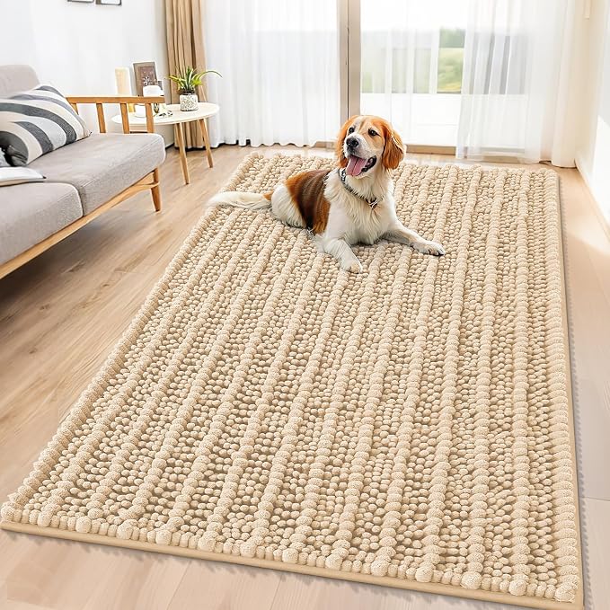 Smiry Dog Door Mat for Muddy Paws 59x35, Absorbent Dirt Trapper, Non-Slip Washable Chenille Entryway Rug for Inside Floor, Beige, Layered Pattern