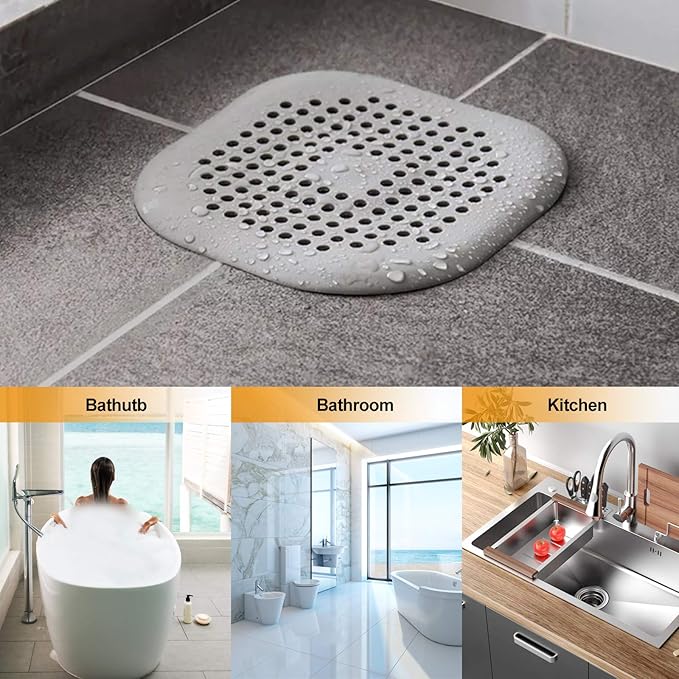 Hair Drain Catcher,Square Drain Cover for Shower Silicone Hair Stopper with Suction Cup,Easy to Install Suit for Bathroom,Bathtub,Kitchen 2 Pack (Grey White)
