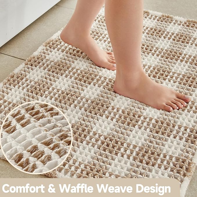 TYUU Waffle Bath Mat, Boho Bathroom Rugs Non Slip Washable Absorbent Checkered Bathroom Mat Quick Dry Farmhouse Bathroom Decor, 36"x24" Khaki and White