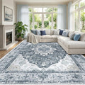 RELEANY Area Rugs Large 9'x12' Washable Non-Slip, Floral Vintage Distress Medallion Carpet for Living Room Bedroom Dining Room, Light Gray Grey White