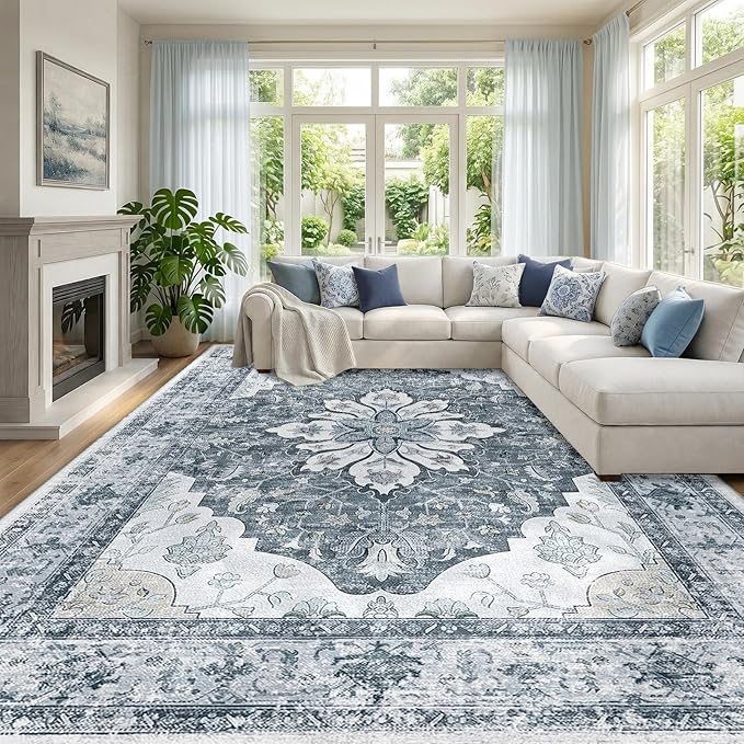 RELEANY Area Rugs Large 10'x14' Washable Non-Slip, Floral Vintage Distress Medallion Carpet for Living Room Bedroom Dining Room, Light Gray Grey White