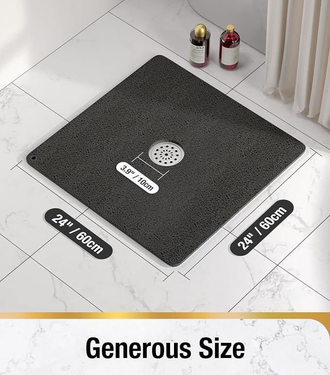 HITSLAM Shower Mat, 24x24 Inch Square Non Slip Bathtub Mat, Soft PVC Loofah Bath Mat for Tub with Hanging Holes, Quick Drying Shower Floor Mat, Without Suction Cups, Black