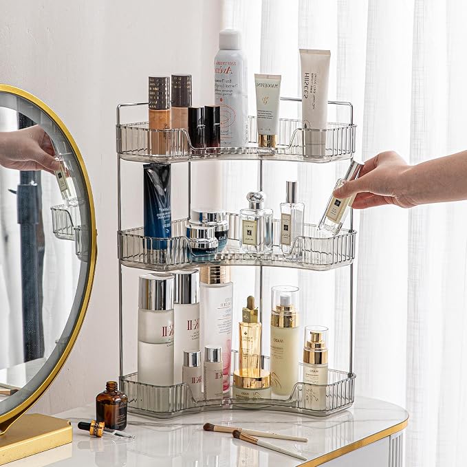 shuang qing 3-Tier Corner Bathroom Counter Organizer – Classic Storage Shelf for Makeup, Perfume & Toiletries, Space-Saving Countertop Tray Fits Bathroom, Dresser, Kitchen (Slate Gray)