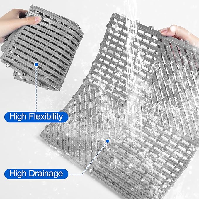 ToLanbbt Modular Interlocking Cushion 12P 11.8" x 11.8" Interlocking Rubber Floor Drain Holes Non-Slip Splicing Drainage Mats for Deck, Shower, Kitchen, Drain Pool, Sauna Bath (Grey, 2 Rows Dots)