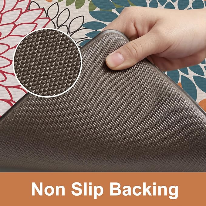 Kitchen Rugs and Mats Cushioned Anti Fatigue Kitchen Mat 2PCS Non-Skid Waterproof Kitchen Runner Rug Comfort Foam Standing Mat for Floors,Office,Laundry,Sink,Floral