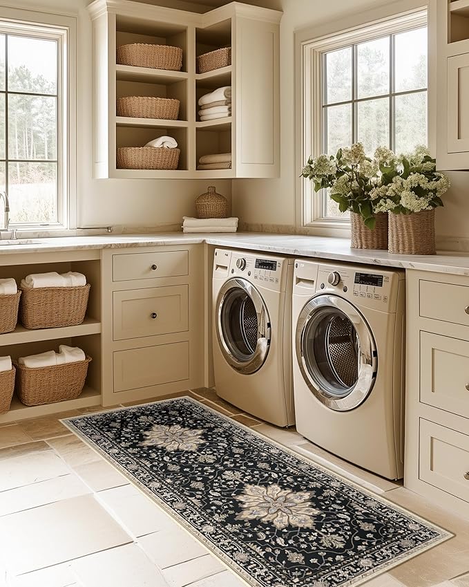 RELEANY Area Rugs Runner 2'x5' Washable Non-Slip, Floral Vintage Distress Medallion Carpet for Kitchen Hallway Bedroom Beside Laundry Room Bathroom, Black Brown Neutral Dark Tan