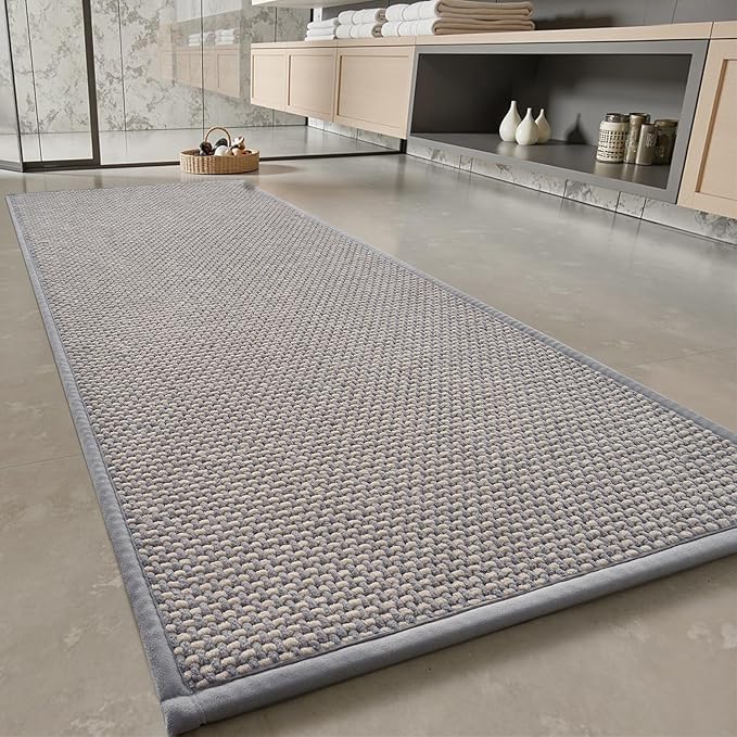 PADOOR-Bath Mat Runner-Super Absorbent Chenille Bathroom Mats-Rubber Backed Bath Mats for Bathroom Non Slip, Easy Clean Bathroom Runner Rugs Front of Bathtub,Shower Room,Sink-17×59, Grey&Beige