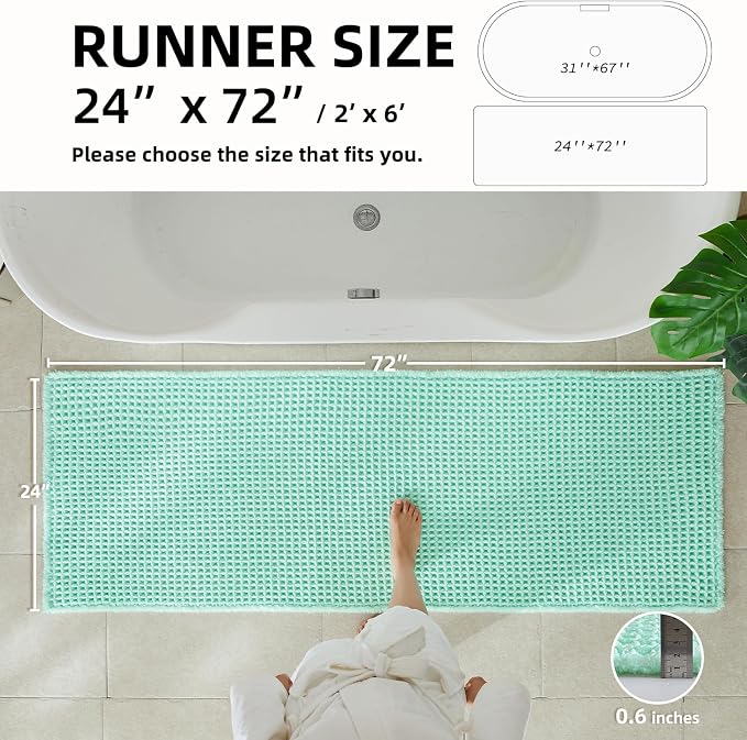 TYUU Waffle Runner Rug Bathroom, Long Boho Bathroom Rugs Non Slip Washable Super Absorbent Quick Dry Cute Bath Mat Farmhouse Bath Decor, 72"x24" Aqua Blue
