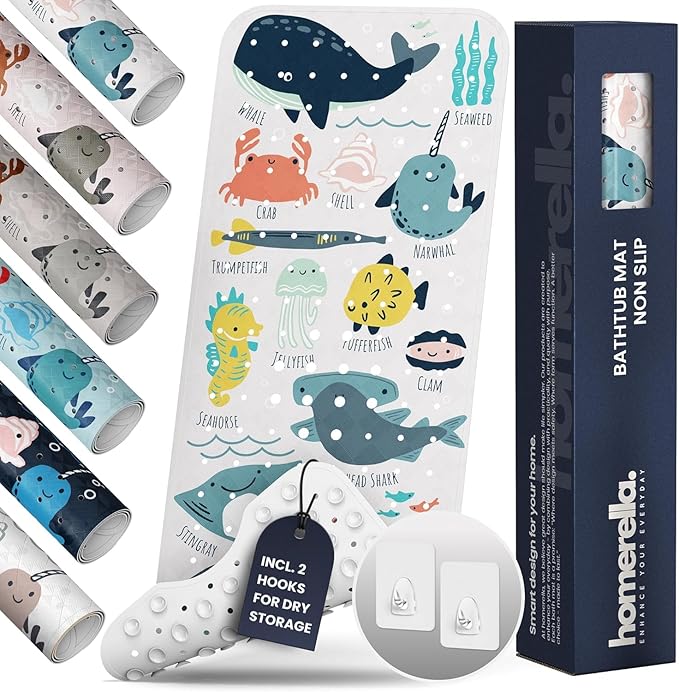 Bath Tub Mat Non Slip Anti Mold for Kids BPA Free INCL Hooks - homerella® Ocean Sea Animals 40x16, Baby Bath Mat Non Slip 200 Suction Cups, Non Toxic Machine Washable Toddler Bath Mat, EU Certified