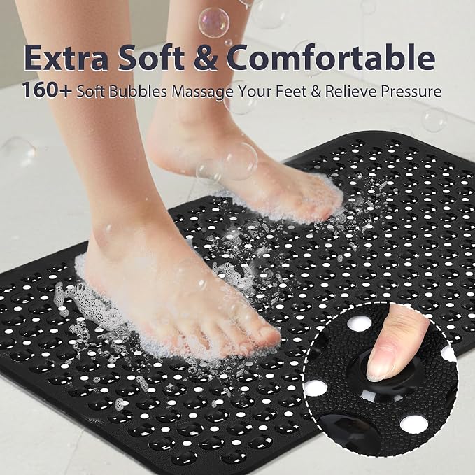 Black Bathtub Mat Shower Mat Non Slip 17x30 Inch Standard Size, Soft Bubble Bath Tub Mat Shower Mats for Inside Shower Bathroom Floor Mat with Big Suction Cups & Drain Holes, BPA-Free