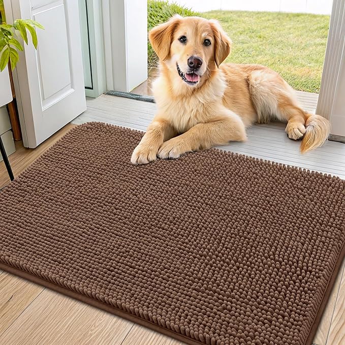 Smiry Dog Door Mat for Muddy Paws 36x24, Absorbent Dirt Trapper, Non-Slip Washable Chenille Entryway Rug for Inside Floor, Mocha, Classic Solid