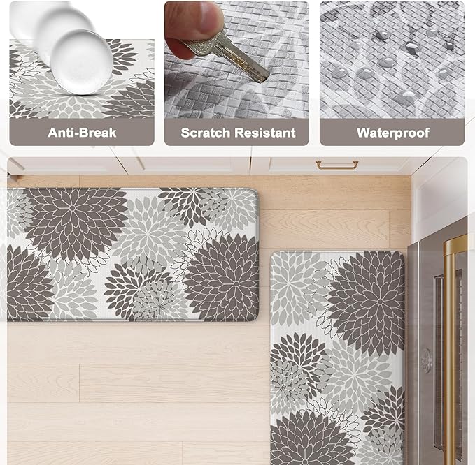 Anti Fatigue Kitchen Mat 2PCS,Boho Dahlia Floral Kitchen Rugs Non Slip Rubber Backing,Waterproof Farmhouse Kitchen Mat for Floor,Cushioned Standing Mat for Office,Laundry,Sink,Desk,Grey