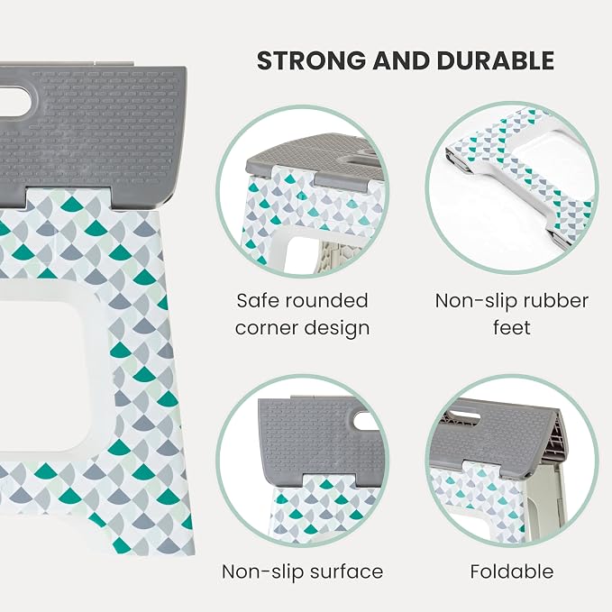 Vigar Compact Folding Step Stool - 12-1/2 Inch Foldable Step Stool for Adults, Lightweight Portable Stool with Handle, Non Slip Step Stool, Space-Saving Stool up to 330 lb - Geometric Body
