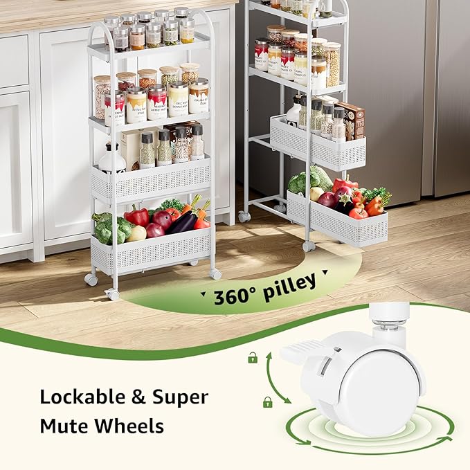 KINGRACK 4-Tier Slim Storage Cart with Pull Out Basket, Rolling Bathroom Organizer Utility, Metal Shelving Unit Slide Out, Lockable Wheels, Easy Assembly for Narrow Place, Kitchen, Laundry Room, White