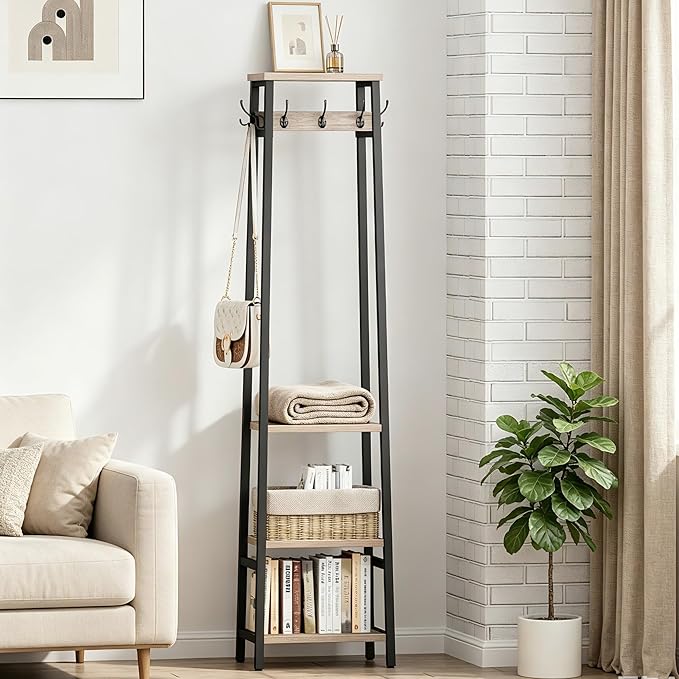 Coat Rack Freestanding, Coat Stand with 3 Shelves and 7 Hooks, Hall Tree Free Standing, Clothes Rack Stand Organizer, Industrial Style, Greige and Black