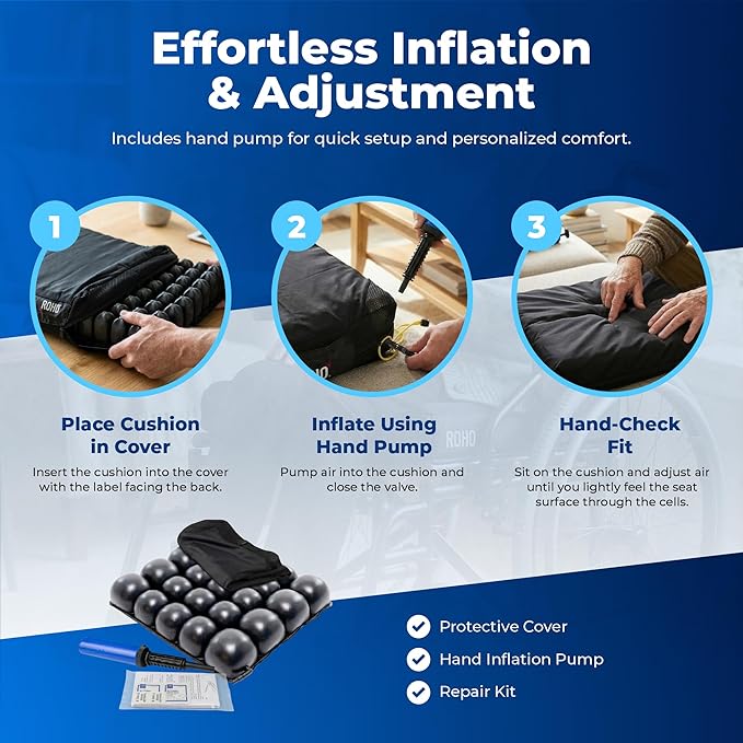 Roho Mosaic Seat Cushion 18” x 16” Inflatable Air Cell Design, Adjustable Firmness, Non-Skid Cover, Lightweight Portable Cushion for Wheelchair, Office Chair, Car & Home
