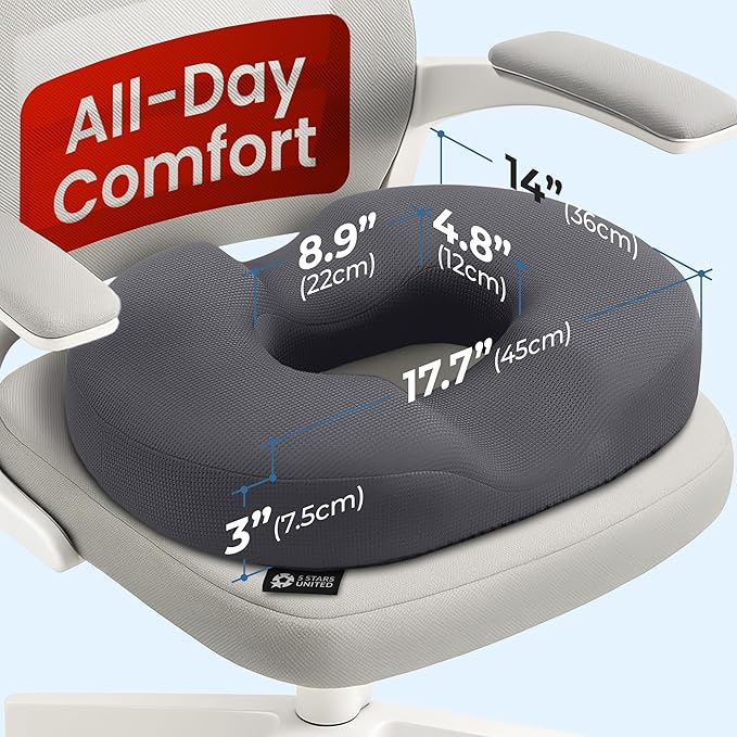 5 STARS UNITED Donut Pillow for Tailbone Pain & Hemorrhoids – Large Memory Foam Seat Cushion for Bed Sore-Prone Areas & Pressure Relief – Prostate, Postpartum & Pregnancy Support, Gray Mesh Cover