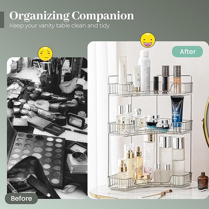 Aveniee Corner Bathroom Counter Organizer, Bathroom Countertop Shelf Makeup Organizer for Vanity Perfume Tray for Corner Storage (3 Tiers, Grey)