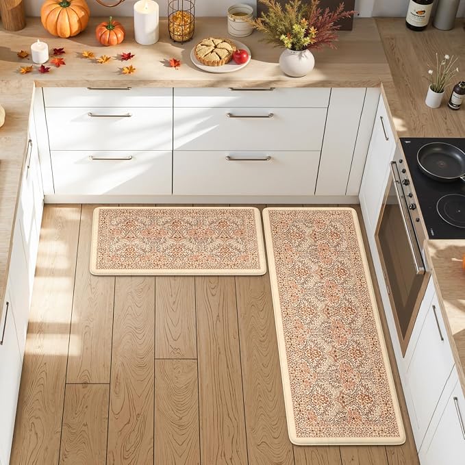 Collive Fall Kitchen Mats Cushioned Anti Fatigue, Vintage Floral Kitchens Rugs Set of 2 Brick Red Non Slip Floor Carpet, Waterproof Sink Mat Foam Comfort Standing Rug for Home Decoration