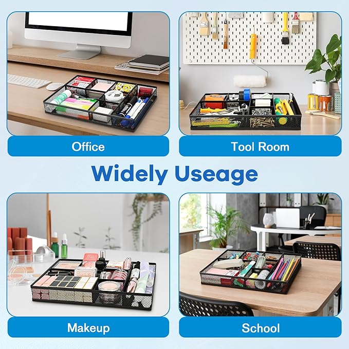 shenee Desk Drawer Organizer Tray,Drawer Organizer for Office and Home,Desk Organizer with Drawers,7 Compartments,Non-Slip Desk Organizers (Black, 12.3" L x 8.3" W x 1.8" H)