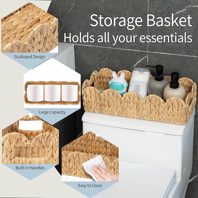 Coeusy 2 Pack Toilet Baskets,Scalloped Edge Wicker Basket for Toilet Paper Storage,Small Baskets for Bathroom,Living Room,Countertop,Shelves,Both Organizer & Decor,Natural Water Hyacinth