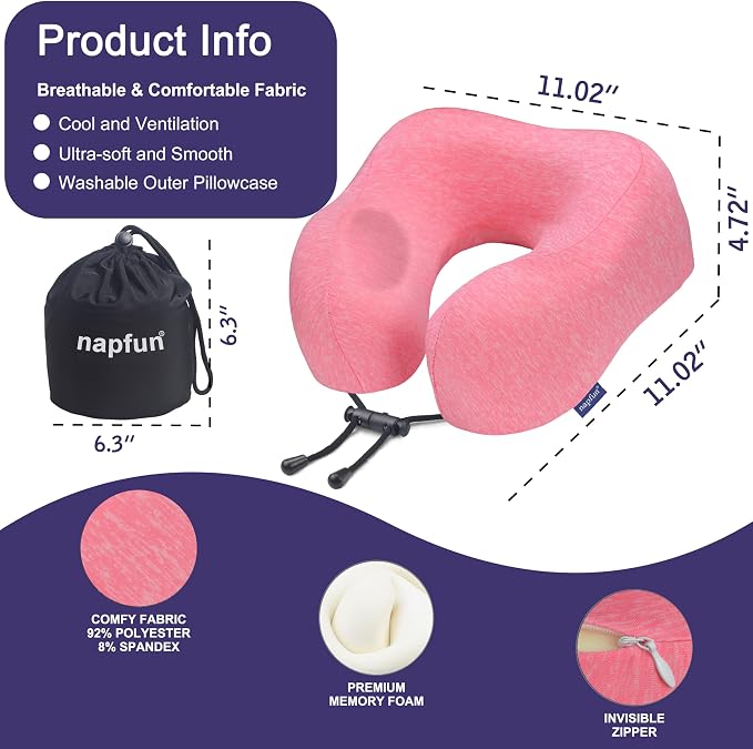 napfun Neck Pillow for Traveling, Upgraded Travel Neck Pillow for Airplane 100% Pure Memory Foam Travel Pillow for Flight Headrest Sleep, Portable Plane Accessories, Rose