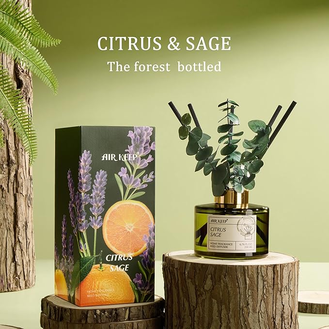 Airkeep Reed Diffuser Set with 6.76 fl oz Citrus&Sage Scent Essential Oils and 3 Leaves & 8 Diffuser Sticks,Bathroom Shelf Decor & Air Freshener, House Bedroom Office Decor & Gifts