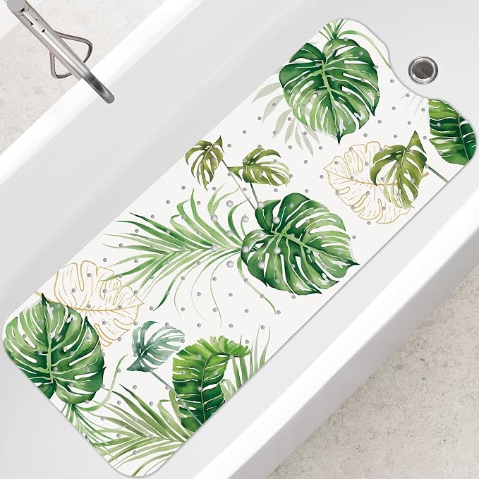 SHUCHING Tropical Green Leaves Bath Mat for Tub Non Slip-40 X 16Inch, Bathtub Mat Anti Slip, Extra Long Shower Mat for Bathroom Mold Free, Machine Washable