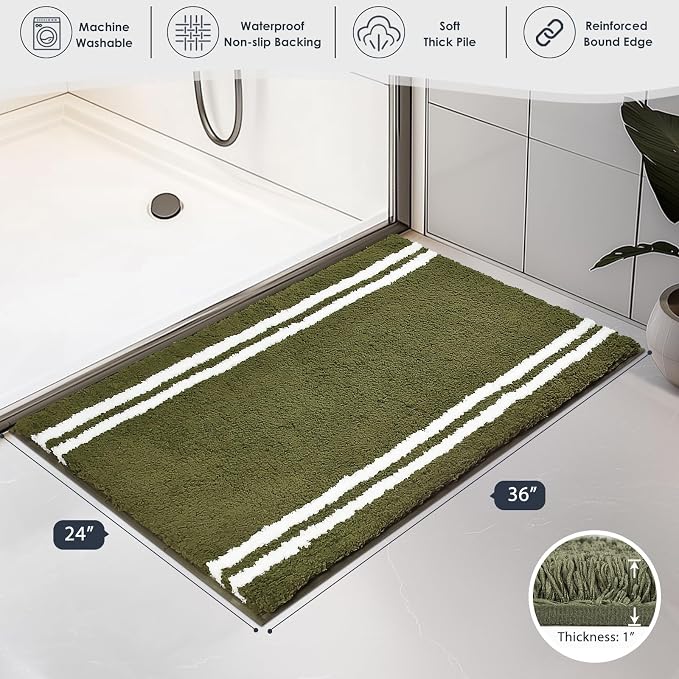 PURRUGS Bathroom Rug Non-Slip Machine Washable 24" x 36", Super Absorbent and Quick Dry Shaggy Microfiber Bath Mat, Extra Soft and Plush Bath Rug for Bathtub, Shower, and Sink, Olive Green