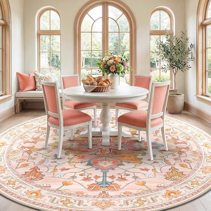 RELEANY Area Rugs Round 8ft Washable Non-Slip, Floral Vintage Distress Medallion Carpet for Living Room Bedroom Dining Room, Light Pink Colorful