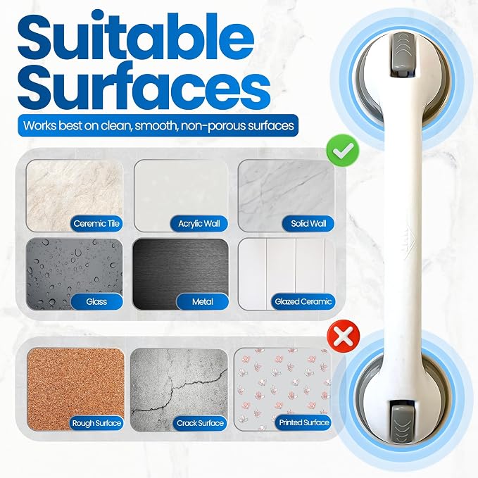 Safe-er-Grip Changing Lifestyles Suction Cup Grab Bars For Bathtubs & Showers; Safety Bathroom Assist Handle, White & Grey, 16 Inches