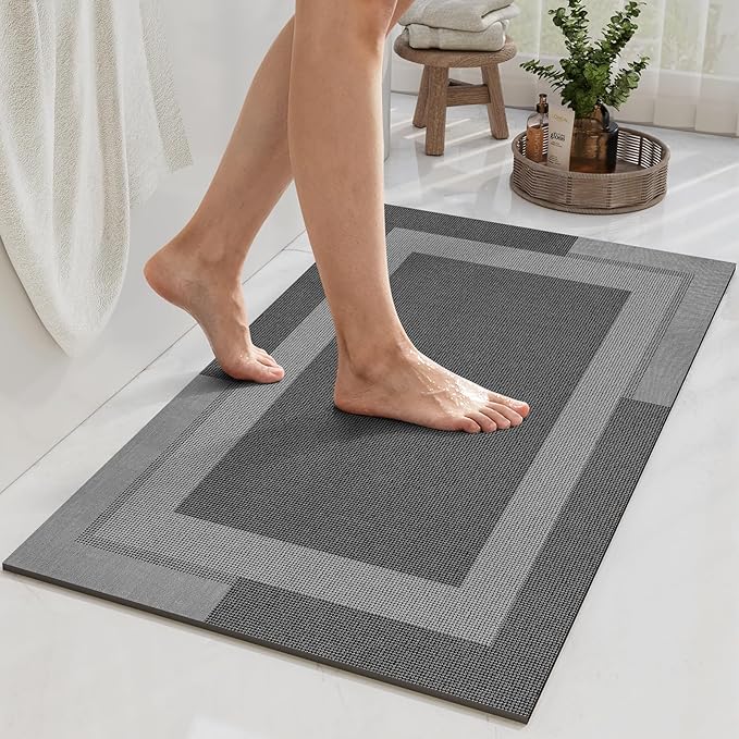 YDKGL Non Slip Bath Mat, Rubber Backing Ultra Thin Bathroom Rugs Fit Under Door Quick Dry Super Absorbent Washable Bath Rug Shower Mat for Bathroom Floor Bathtub Sink, Easy Care Dark Grey 16"x24"
