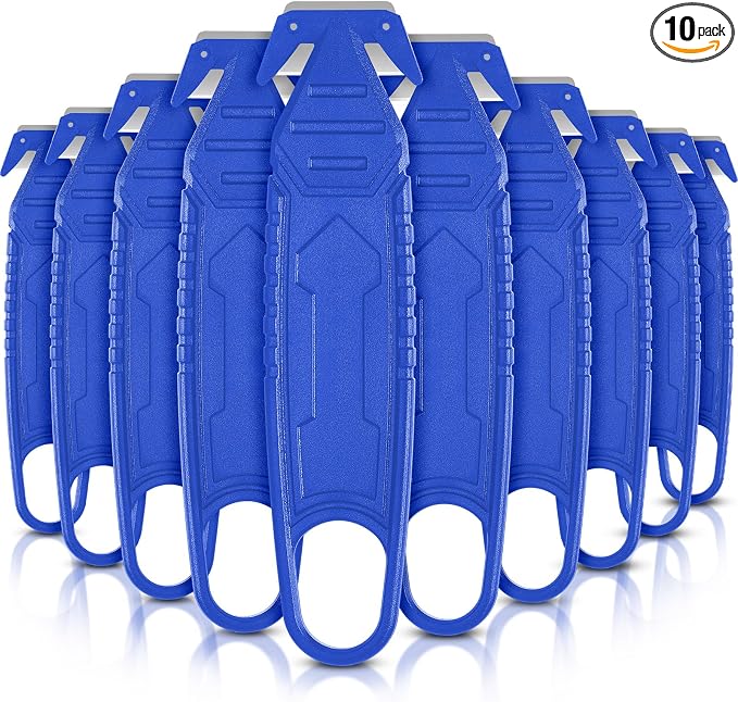 Therwen Safety Box Cutter Knife of Stainless Steel Concealed Blade Package Opener with Tape Splitter for Carton Cardboard Wrap Letter Work Bag Straps Film Utility Tool(Blue,10 Pcs)