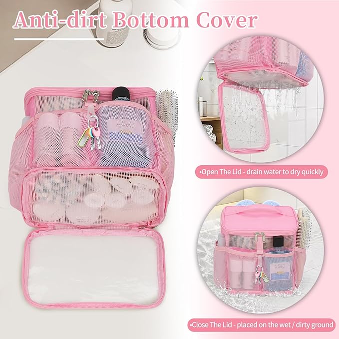 CUBETASTIC Shower Caddy Portable Mesh Shower Tote for Bathroom, Gym, Travel, Camping - Quick Dry Hanging Organizer Toiletry Bag with Handle for College Dorm Room, Men & Women