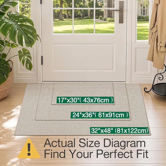 LUMI Ultra Thin Indoor Door Mat for Entrance 17"x30", Non Slip Entryway Mat, Low Profile Doormat, Unique Herringbone Design Carpet for Inside, Patio, Porch, Beige