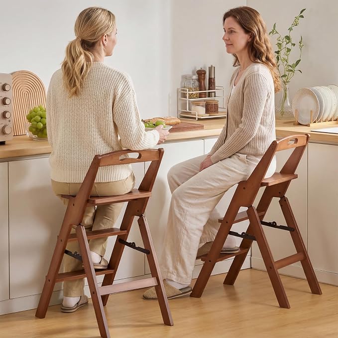 Baveke 3 Step Ladder Folding Step Stool with Handle, Wooden Step Stool Foldable and Kitchen Step Stools for Adults, Closet Stepstool & Collapsible Stool for Kitchen, Home, Indoor（FSC-Certified Bamboo）