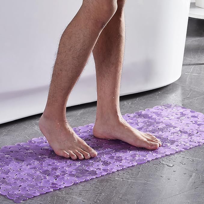 Webos Bath Shower Mat Non Slip: Extra Large Pebble Bathtub mat for Families, Anti Slip Shower Matt with Drain Holes Suction Cups Tub Mat - 16 X 40 Inch Clear Purple