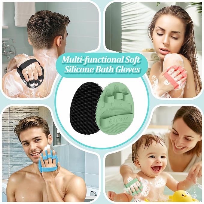 Silicone Back Scrubber & Bath Glove Set 2PCS, 13.4'' Gentle Shower Back Scrubber with Dual-Side Head Non-Slip Handle, 360° Anti-Slip Hand-fit Bath Glove for Rich Foaming Deep Cleaning(Green)
