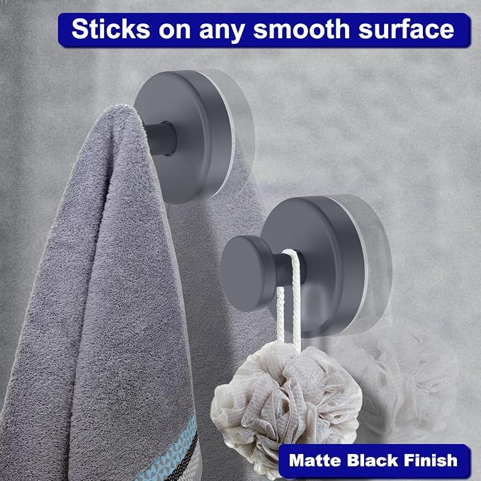 Bntuk Suction Cup Hooks for Shower, Removable Towel Hooks for Bathroom Window Glass Door Wall, Bath Robe Looafh Hook for Hanging - 2 Pack, Grey