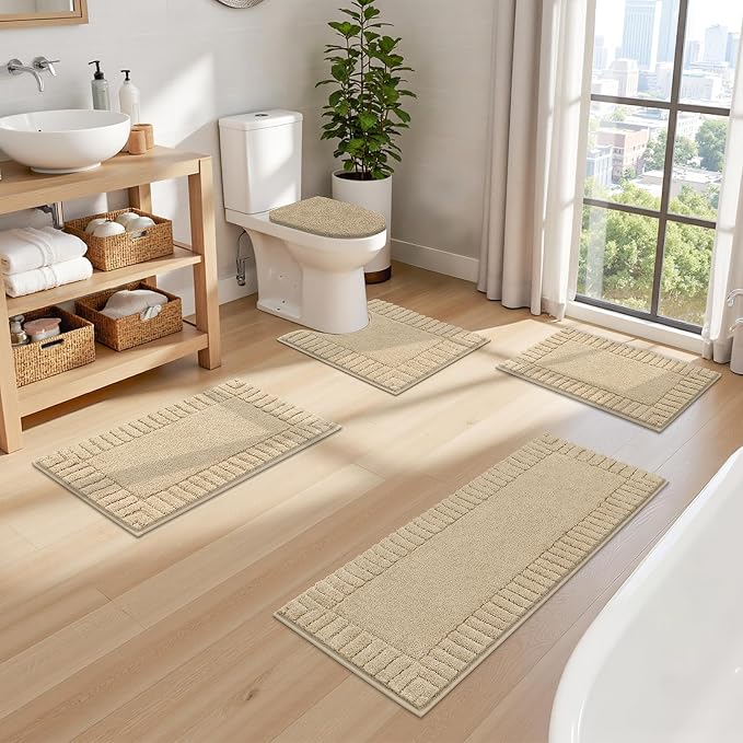 Pauwer Bathroom Rugs Set 5 Piece Non Slip Washable Bath Mat Set with U Shaped Contour Toilet Rugs Plush Absorbent Microfiber Shower Mat and Toilet Lid Cover for Bathroom, Beige